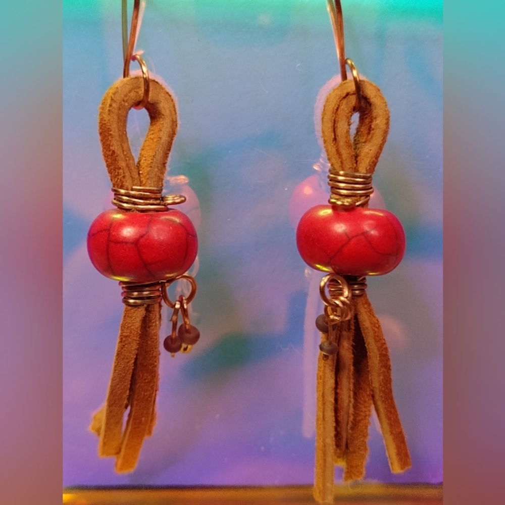 Copper Wire beaded faux leather handmade earrings